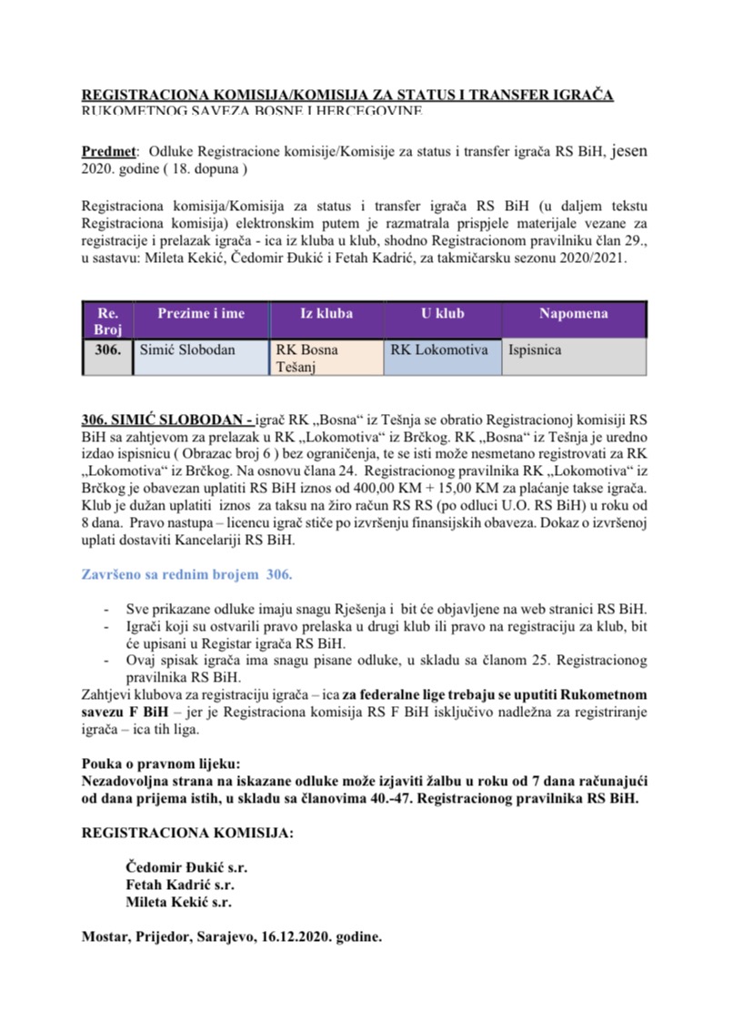 ODLUKE Registracione komisije 18. Dopuna