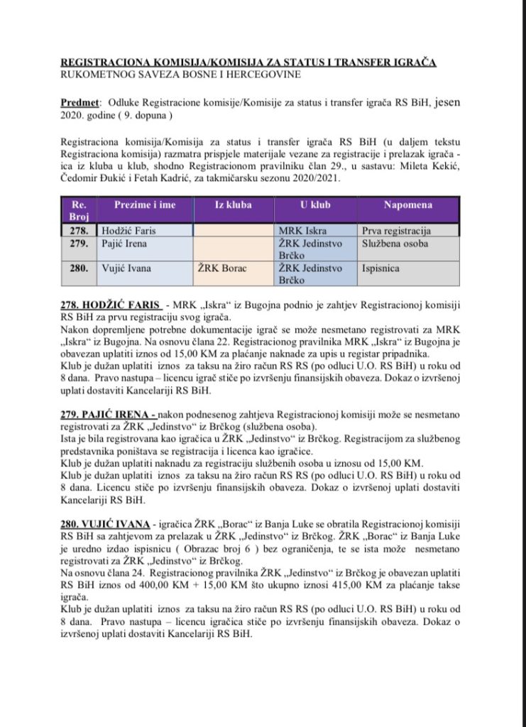 ODLUKE Registracione komisije 9. Dopuna