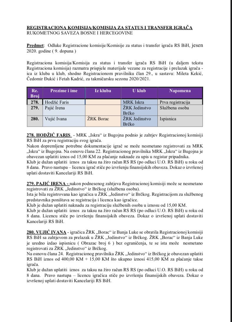 ODLUKE Registracione komisije 9. Dopuna