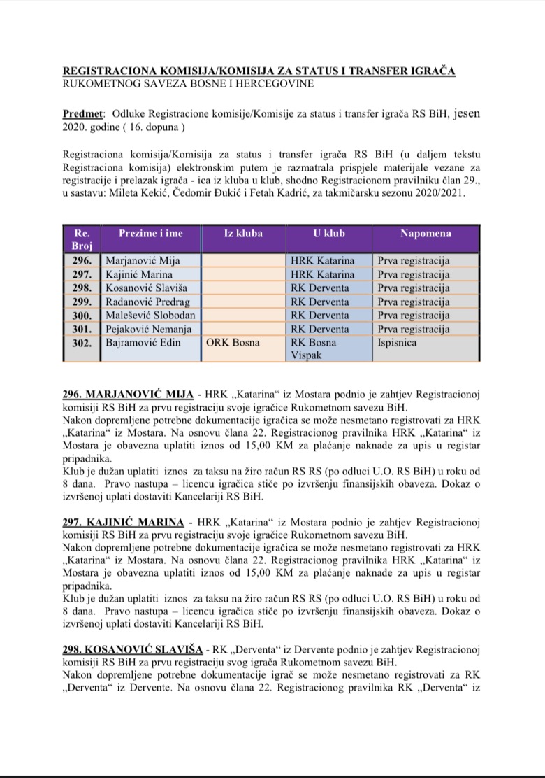 ODLUKE Registracione komisije 16. Dopuna