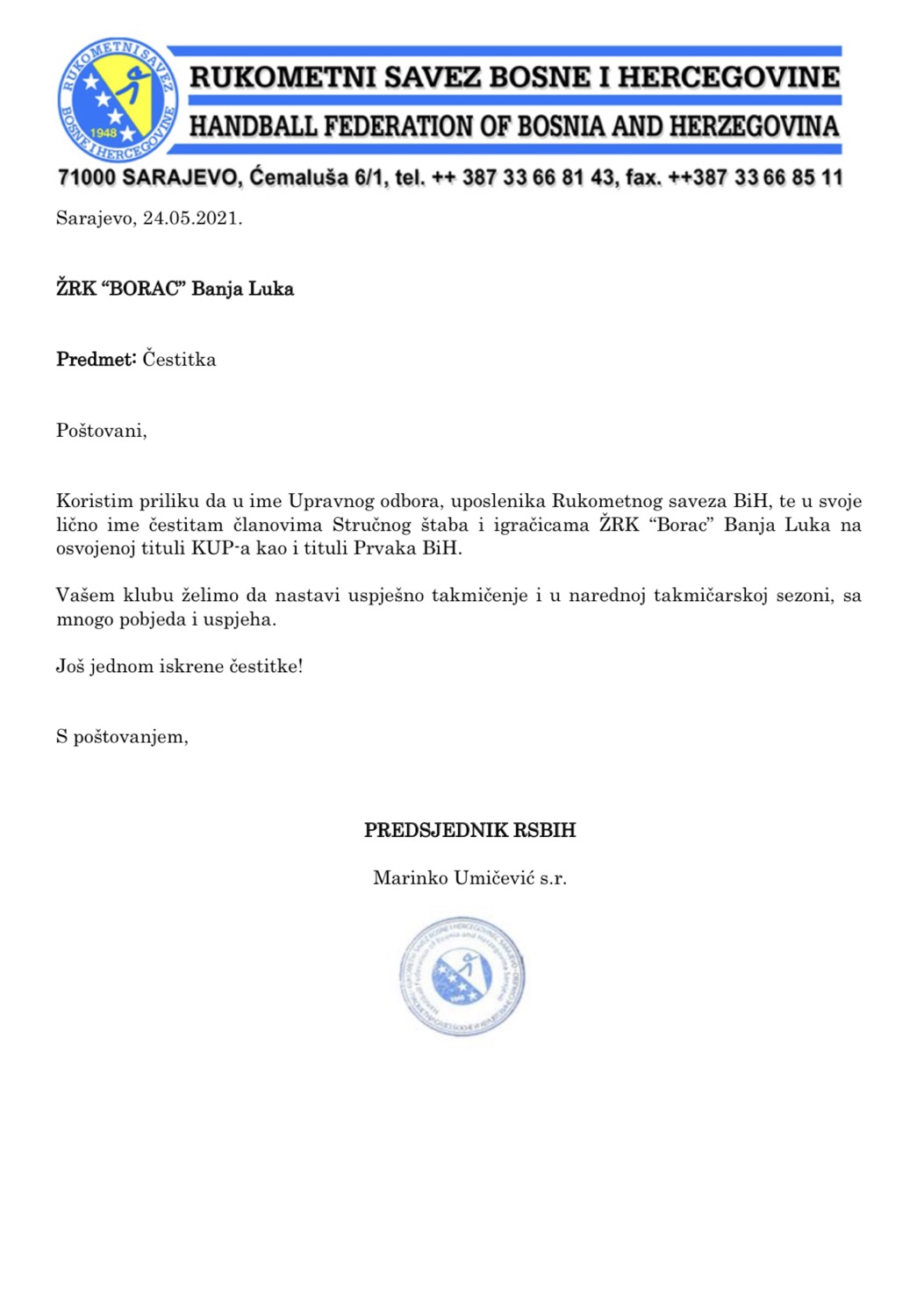 Čestitka ŽRK “Borac” na osvojenoj tituli Prvaka PL BiH i KUP-a BiH