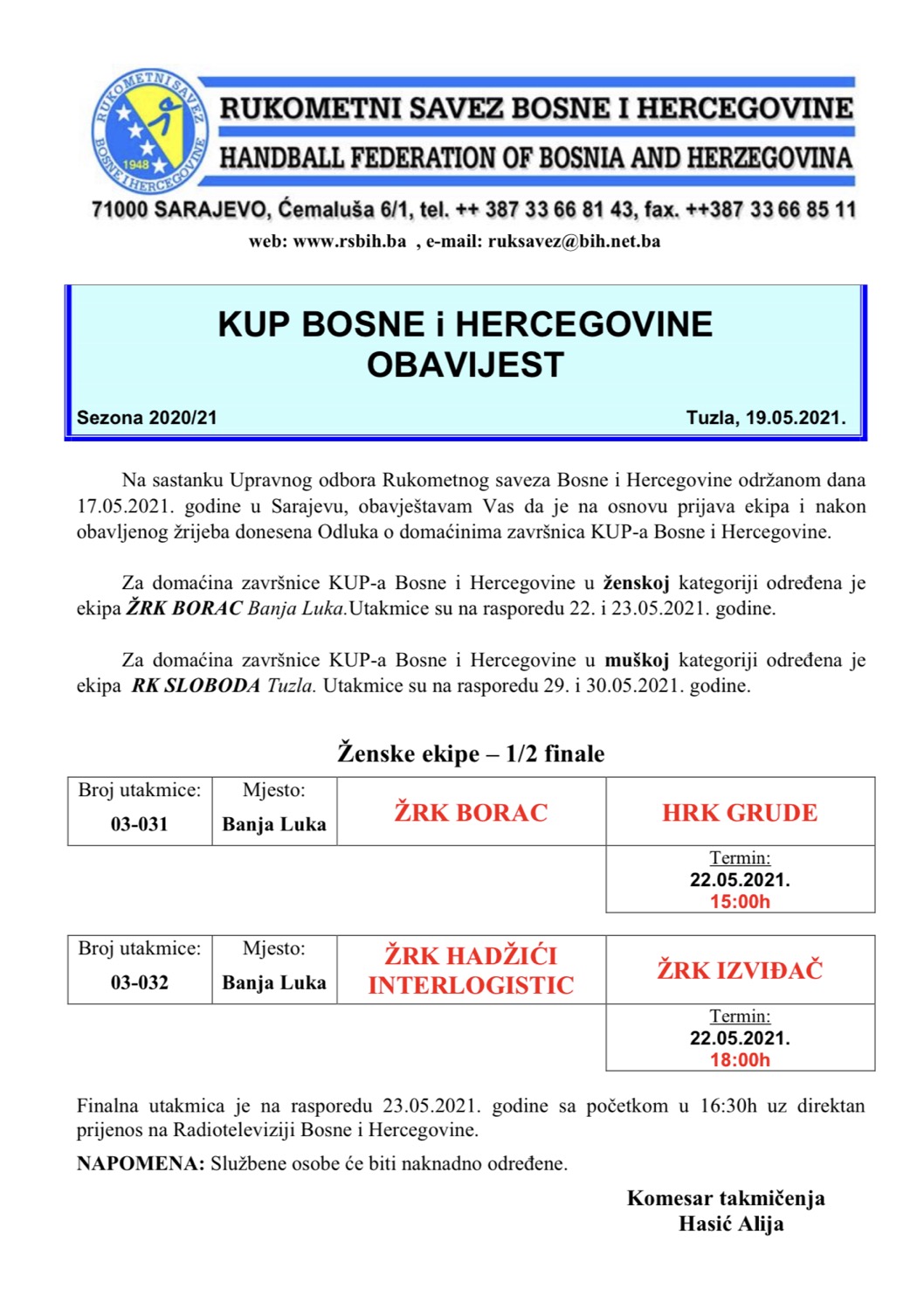 KUP BiH Obavijest