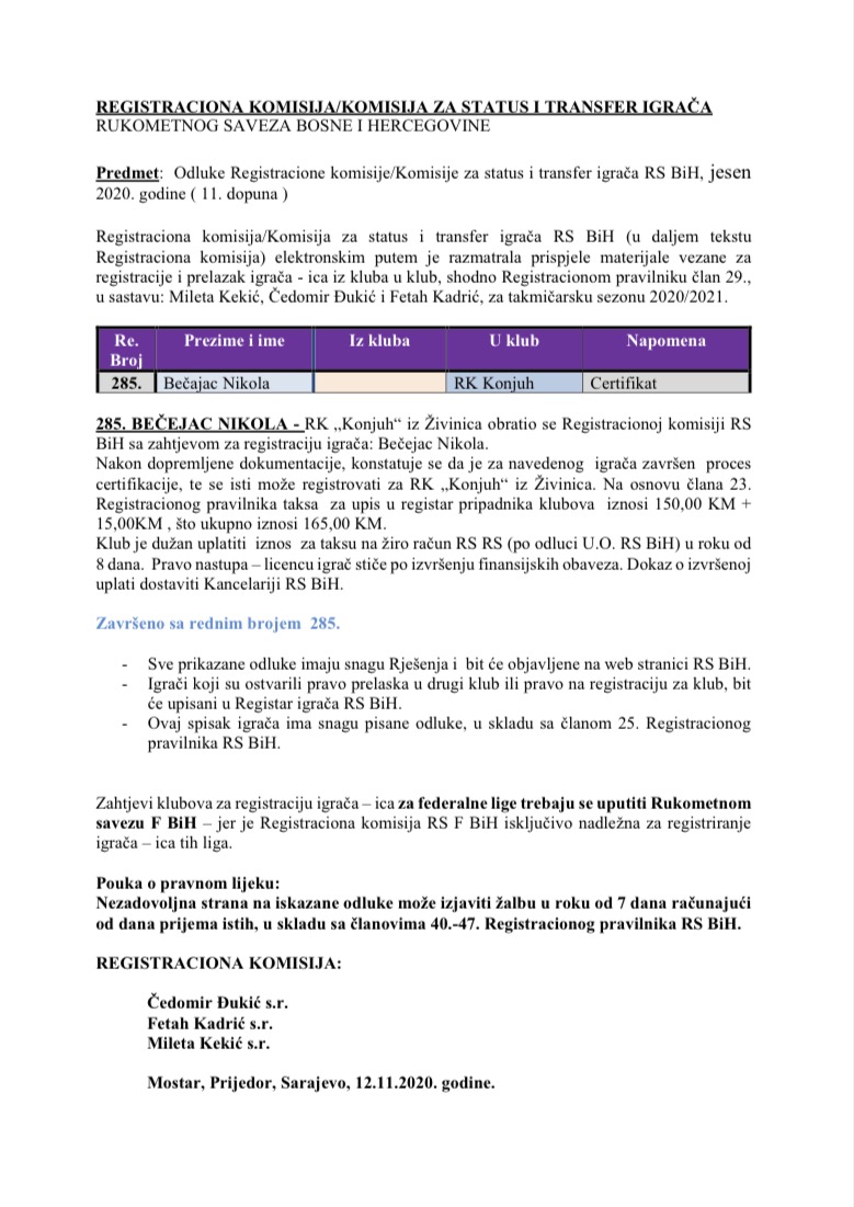 ODLUKE Registracione komisije 11. Dopuna