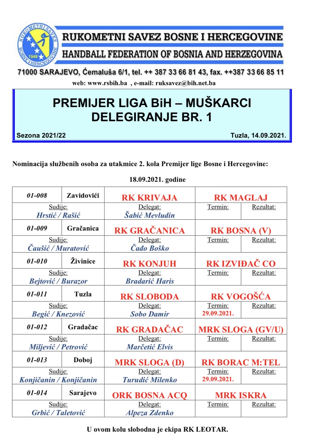 Delegiranje PL BiH za muškarce 2. Kolo